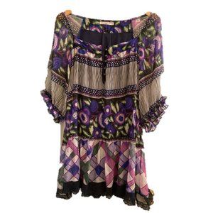 Anthropologie Hazel mini dress mixed print lace with belt boho purple size L